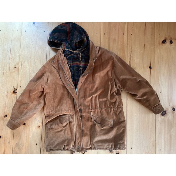 BT Ltd Jacket Mens Large Suede + Aztec Southwest Hood Lined Car Coat Vintage - Picture 4 of 16